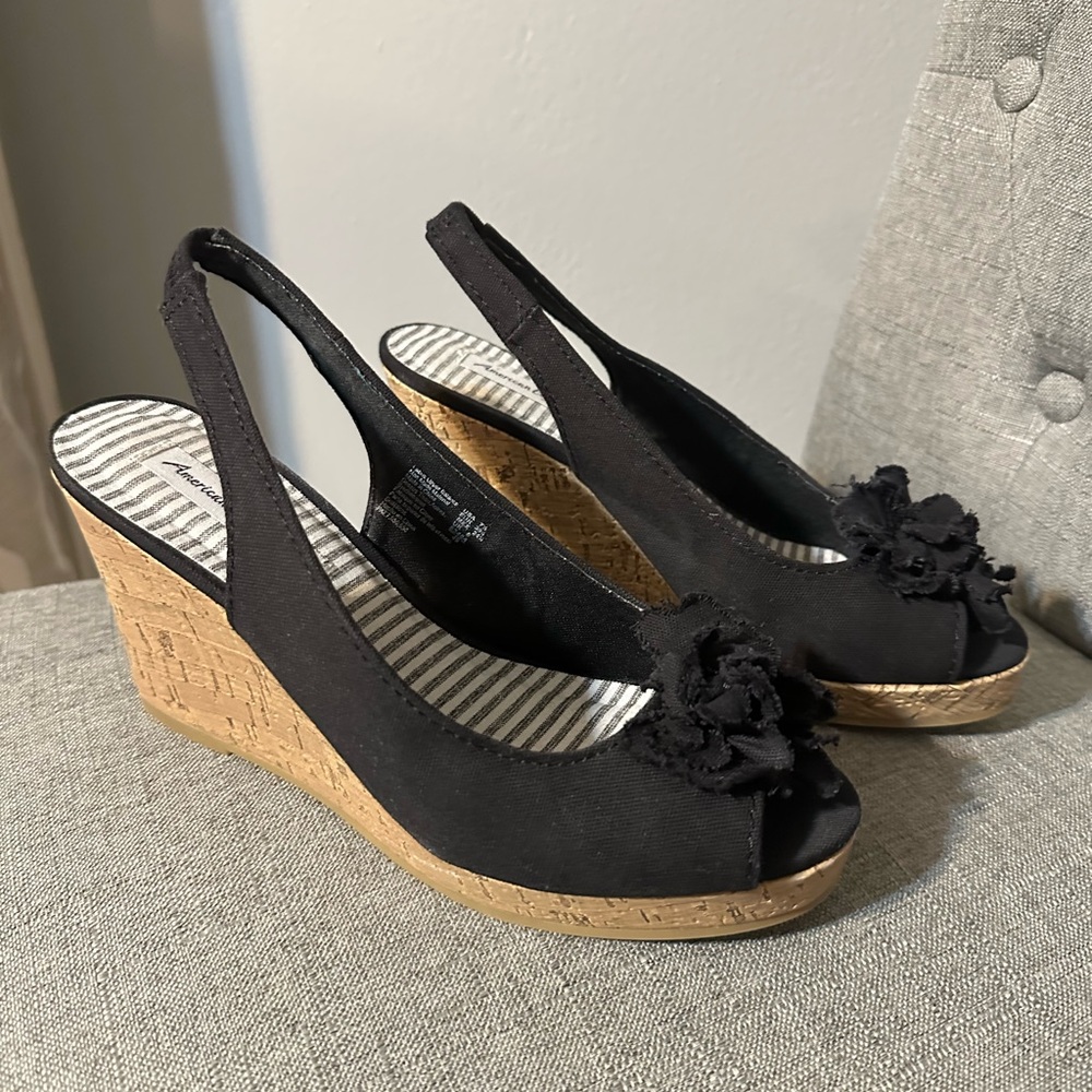 Black Wedge Sandals with Floral Detail